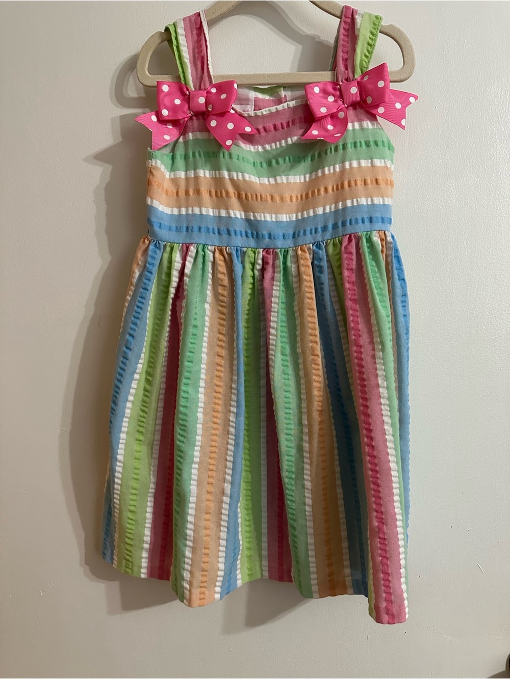 Bonnie Jean Multicolor Striped Sundress with Pink Polka Dot Bows